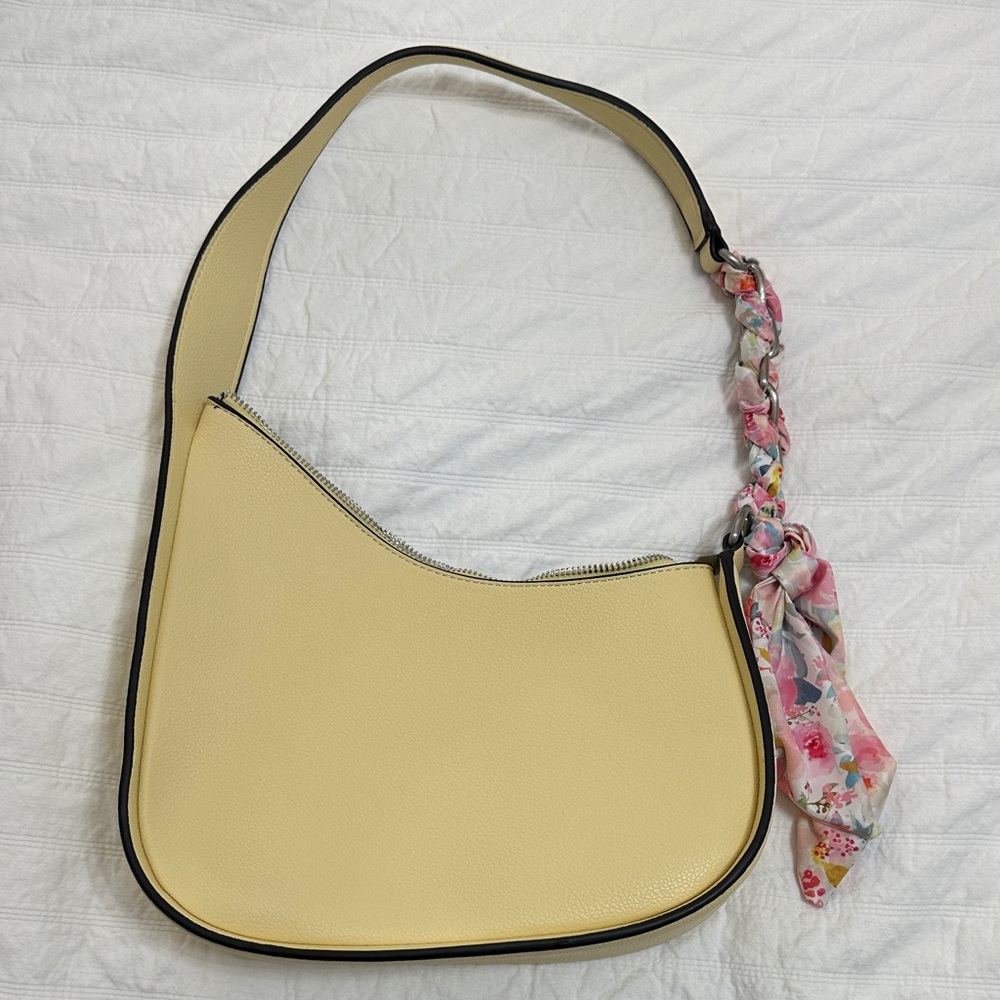 Butter Yellow Shoulder Bag with Floral Accent Scarf